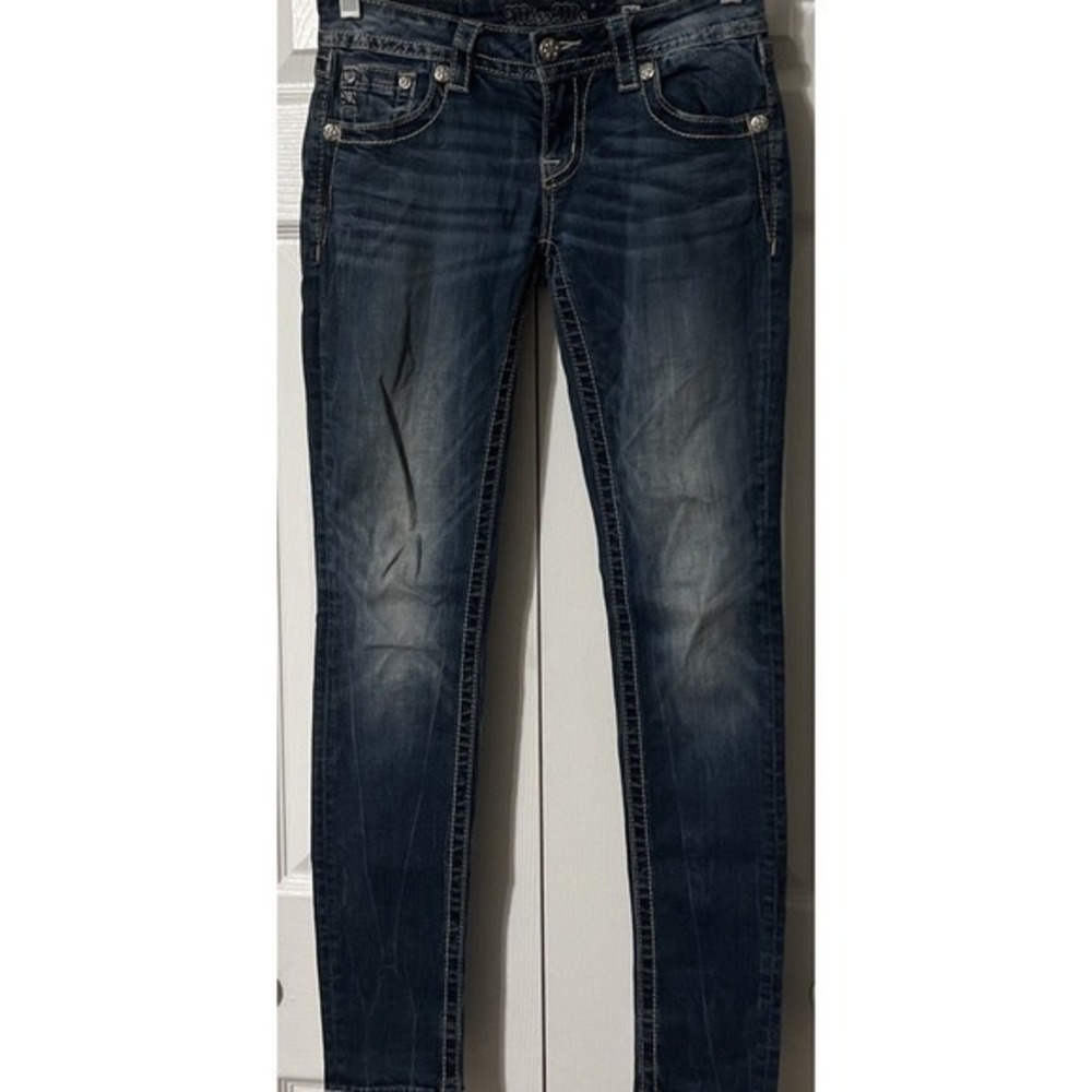 Miss Me Signature Embroidery Destroyed Pocket LowRise Skinny Jeans SZ 26 (28x31) - Picture 2 of 11